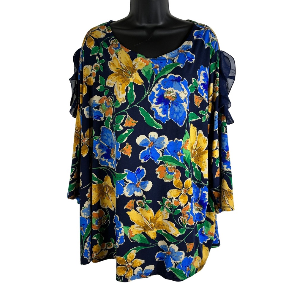 Susan Graver Floral Cold Shoulde  Ruffle Sleeve Tunic Top 3X Navy‎ Blue Yellow